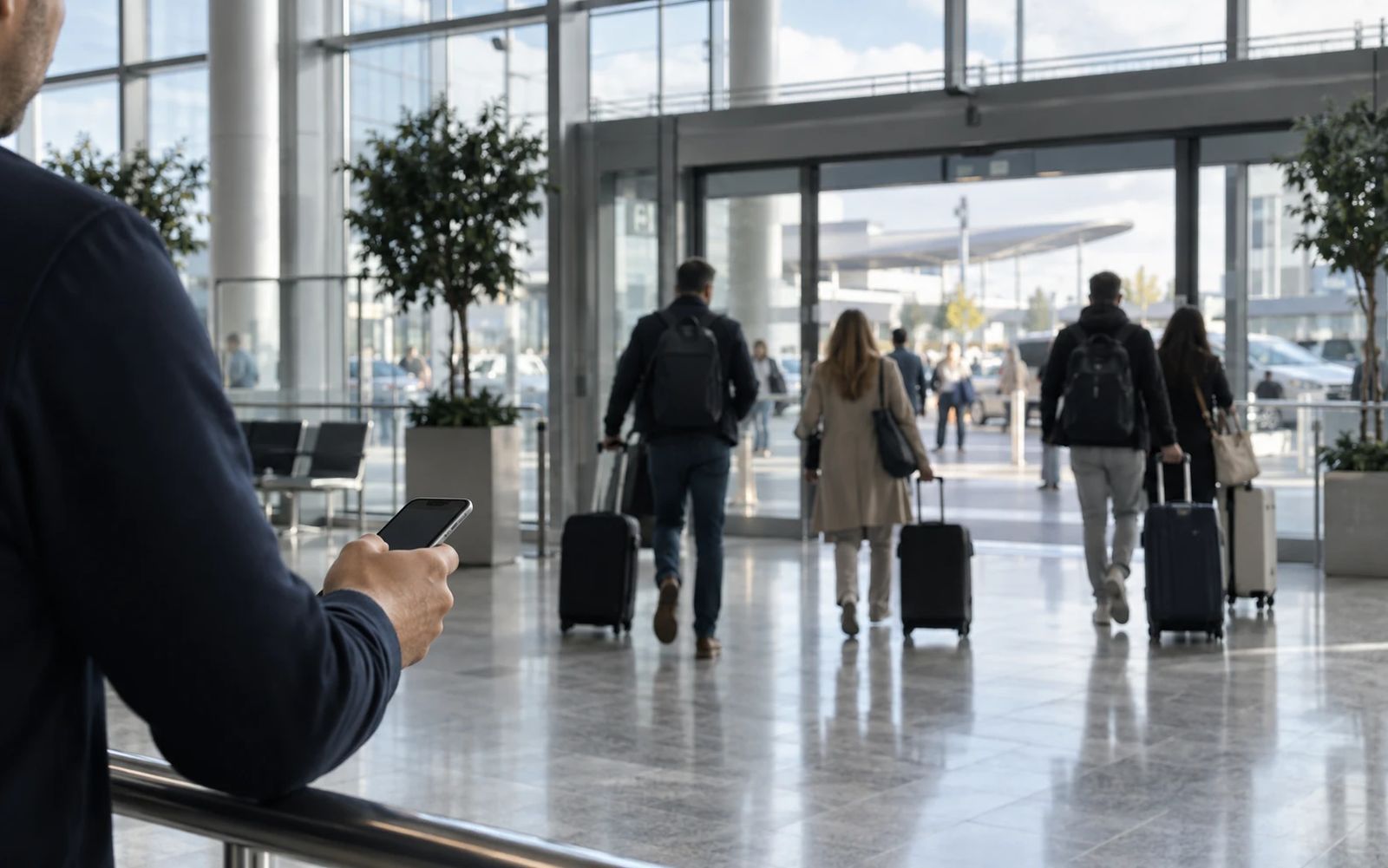 Travellers walking through an airport arrivals hall while someone waits with a phone