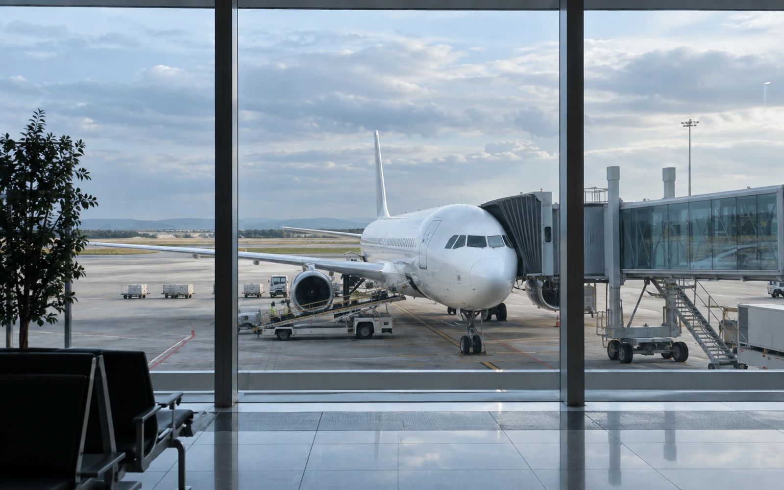 A passenger jet parked at a gate, seen through a terminal window